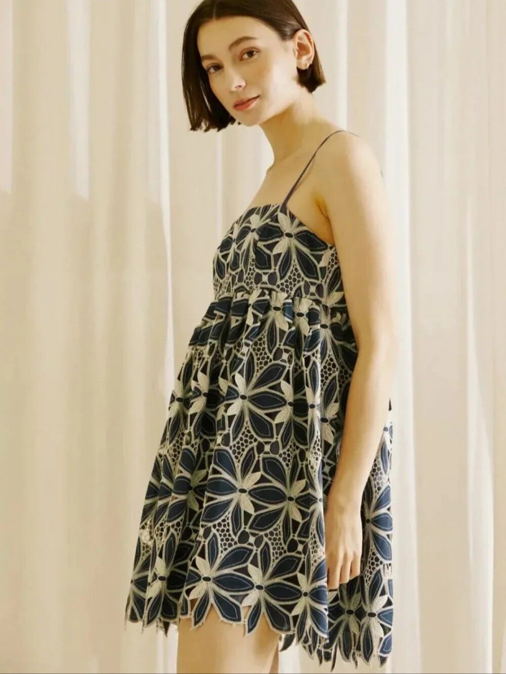 STORIA Clea Floral Crochet Embroidered Spaghetti Strap Lined Babydoll Dress SZ M